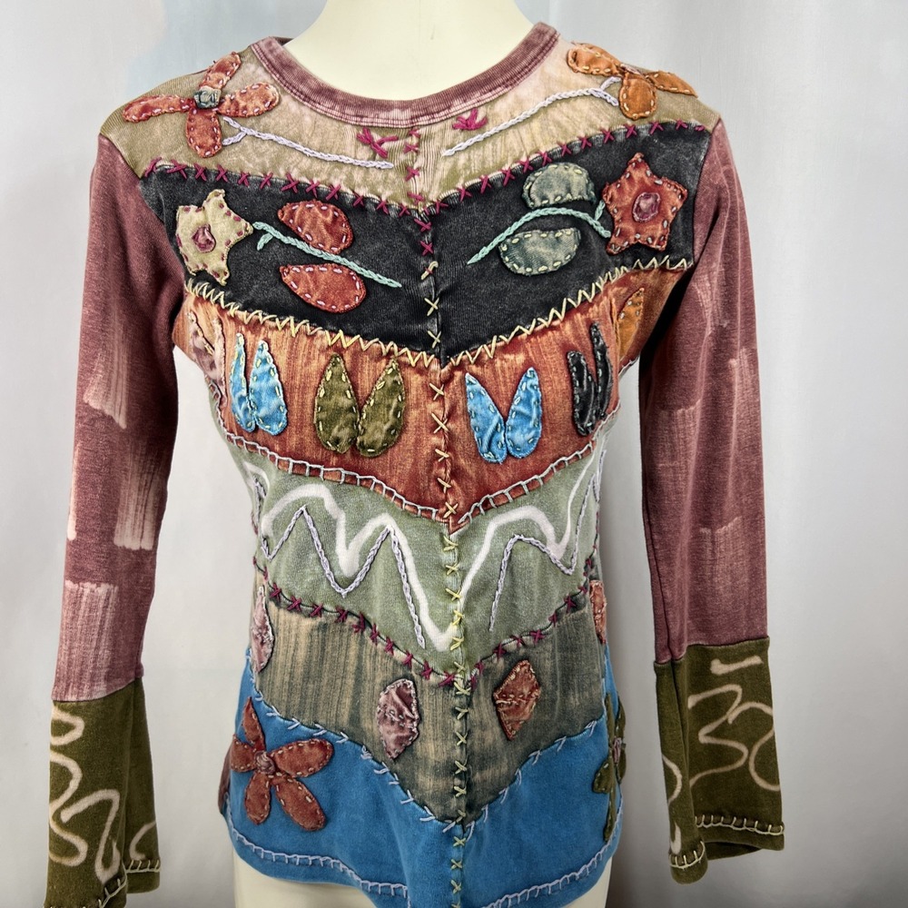 KPC Woman's Patchwork Appliqué Bohemian‎ Festival Top Large Stitch Size Small